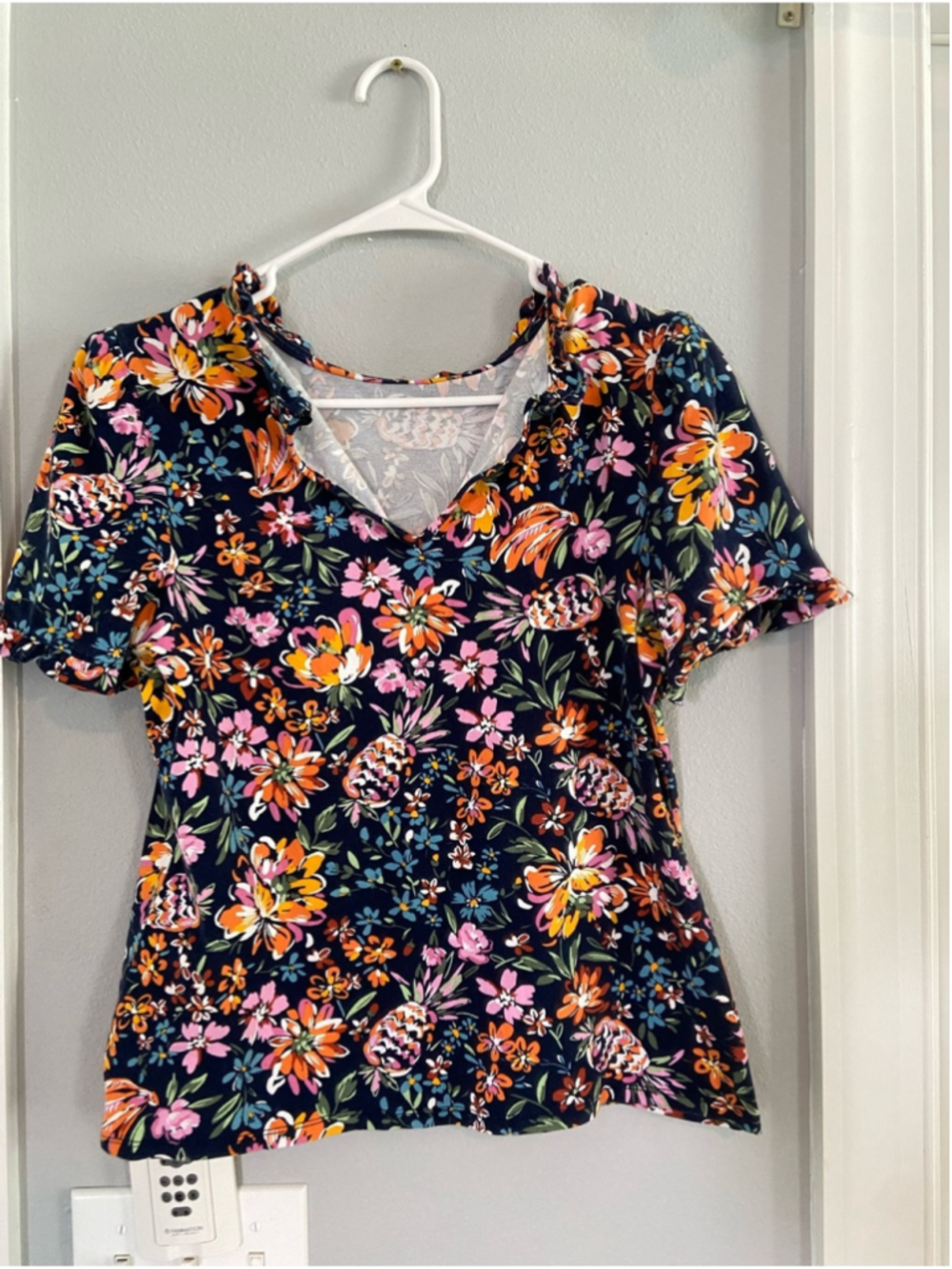 crown & ivy Navy Floral V-Neck Short Sleeve Top with Pink & Orange Flowers